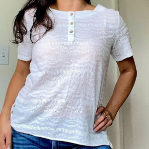 White 100% COTTON Embroidered Lace Hollow Out Blouse Short Sleeve